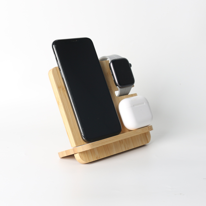 3-σε-1 μπαμπού ασύρματο φορτιστή με βάση γραφείου από ξύλο για κινητό, ρολόι και ακουστικά – QC3.0 9V γρήγορη φόρτιση