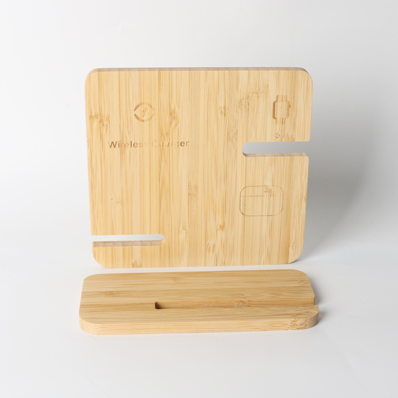 3-σε-1 μπαμπού ασύρματο φορτιστή με βάση γραφείου από ξύλο για κινητό, ρολόι και ακουστικά – QC3.0 9V γρήγορη φόρτιση