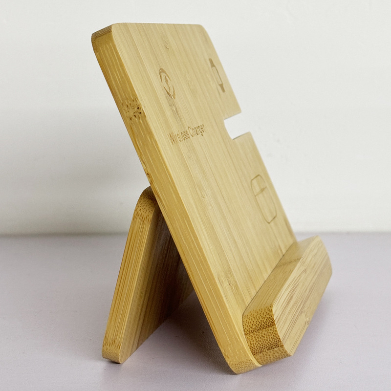 3-σε-1 μπαμπού ασύρματο φορτιστή με βάση γραφείου από ξύλο για κινητό, ρολόι και ακουστικά – QC3.0 9V γρήγορη φόρτιση