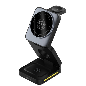 3-v-1 bezdrôtová stolná nabíjačka s držiakom pre Apple zariadenia — magnetické nabíjanie, rýchle nabíjanie QC3.0, 5W/7.5W/10W/15W, max 15W