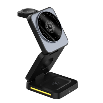 3-v-1 bezdrôtová stolná nabíjačka s držiakom pre Apple zariadenia — magnetické nabíjanie, rýchle nabíjanie QC3.0, 5W/7.5W/10W/15W, max 15W