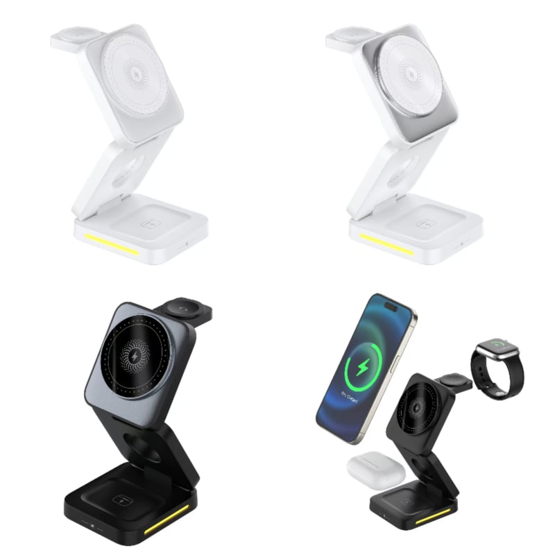 3-v-1 bezdrôtová stolná nabíjačka s držiakom pre Apple zariadenia — magnetické nabíjanie, rýchle nabíjanie QC3.0, 5W/7.5W/10W/15W, max 15W
