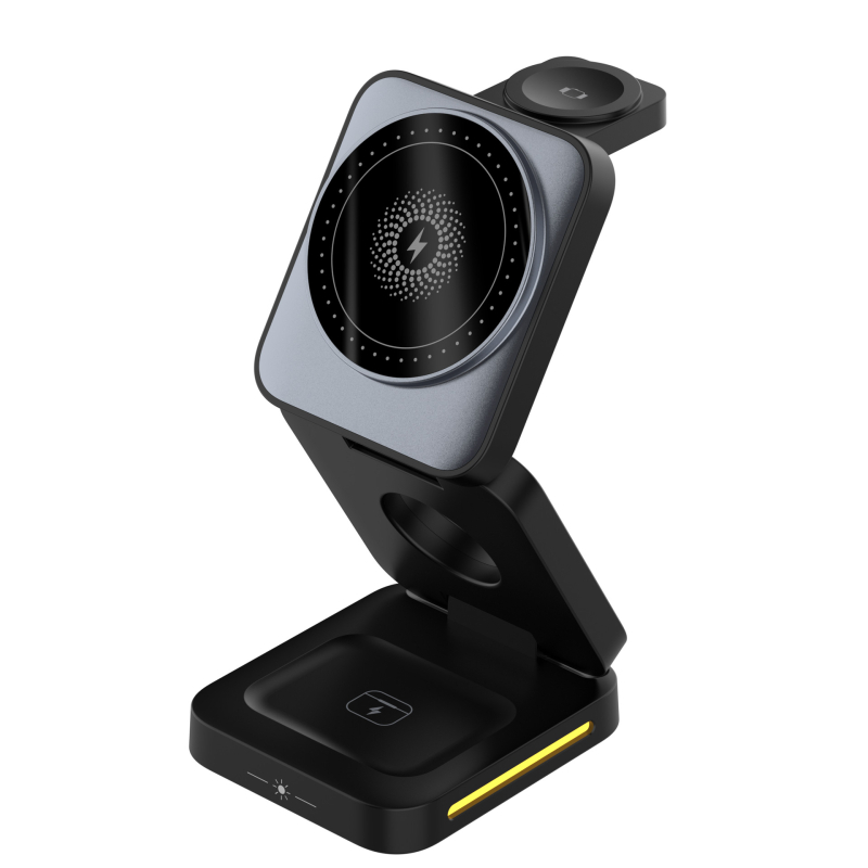 3-v-1 bezdrôtová stolná nabíjačka s držiakom pre Apple zariadenia — magnetické nabíjanie, rýchle nabíjanie QC3.0, 5W/7.5W/10W/15W, max 15W