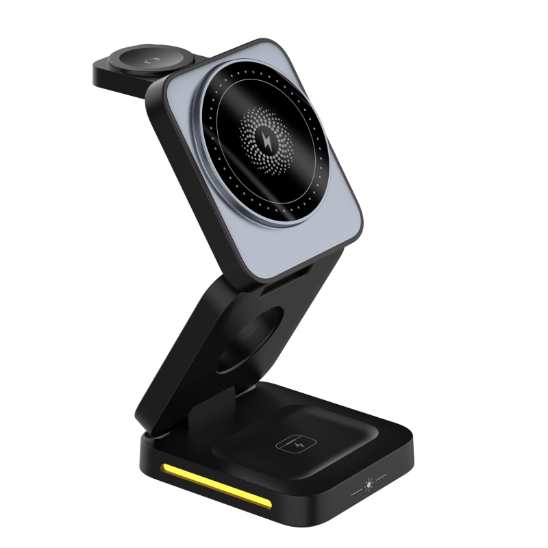 3-v-1 bezdrôtová stolná nabíjačka s držiakom pre Apple zariadenia — magnetické nabíjanie, rýchle nabíjanie QC3.0, 5W/7.5W/10W/15W, max 15W