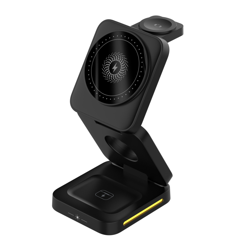 3-v-1 bezdrôtová stolná nabíjačka s držiakom pre Apple zariadenia — magnetické nabíjanie, rýchle nabíjanie QC3.0, 5W/7.5W/10W/15W, max 15W