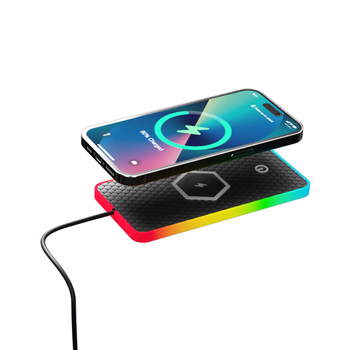 Autós vezeték nélküli töltő LED RGB környezeti fénnyel, csúszásmentes felület, QC 3.0 gyors töltés, 15W, 2A