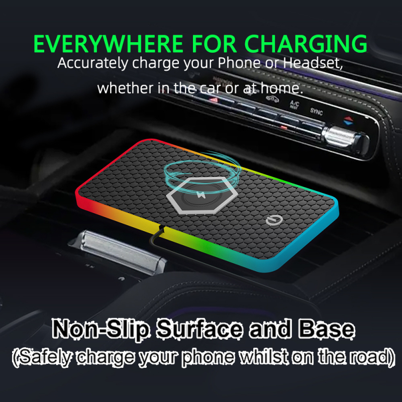 Autós vezeték nélküli töltő LED RGB környezeti fénnyel, csúszásmentes felület, QC 3.0 gyors töltés, 15W, 2A
