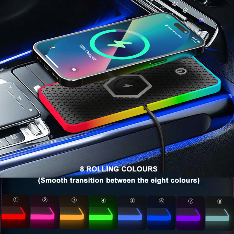 Autós vezeték nélküli töltő LED RGB környezeti fénnyel, csúszásmentes felület, QC 3.0 gyors töltés, 15W, 2A