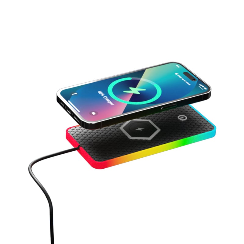 Autós vezeték nélküli töltő LED RGB környezeti fénnyel, csúszásmentes felület, QC 3.0 gyors töltés, 15W, 2A