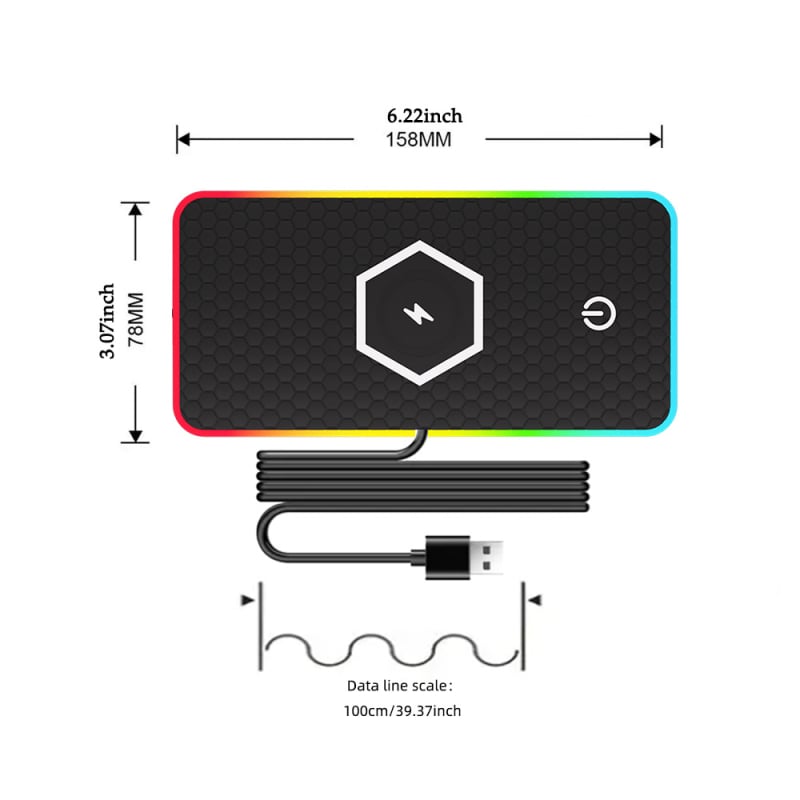 Autós vezeték nélküli töltő LED RGB környezeti fénnyel, csúszásmentes felület, QC 3.0 gyors töltés, 15W, 2A