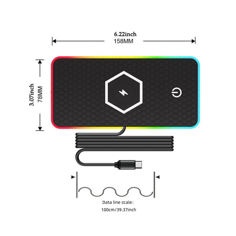 Autós vezeték nélküli töltő LED RGB környezeti fénnyel, csúszásmentes felület, QC 3.0 gyors töltés, 15W, 2A