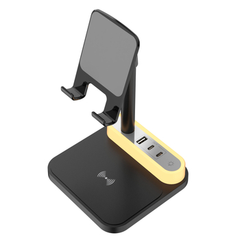 Încărcător wireless cu suport pentru telefon, 15W încărcare rapidă, lampă LED de veghe, încărcător desktop cu trei porturi