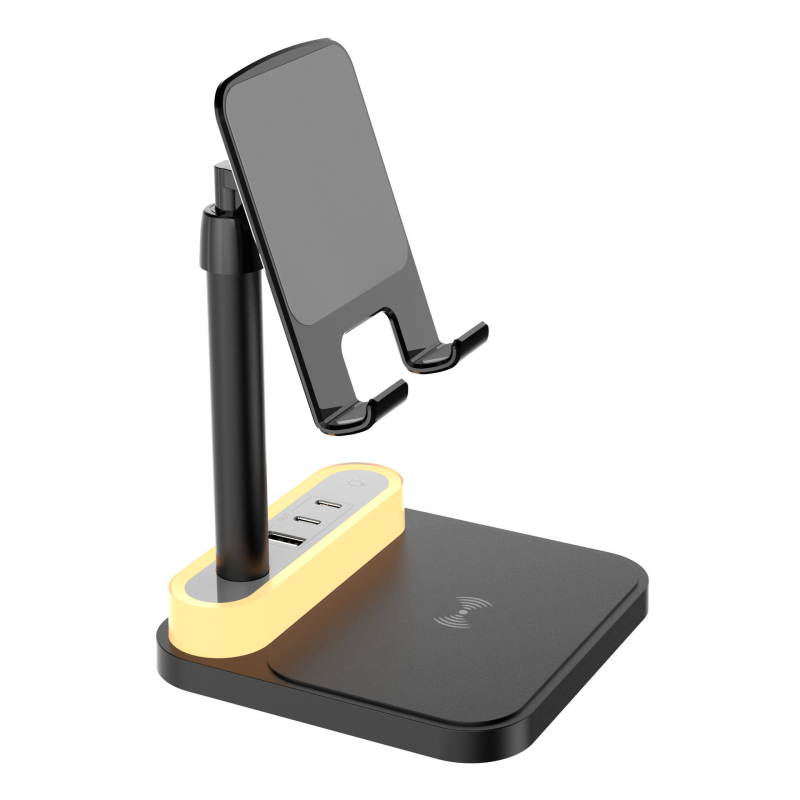Încărcător wireless cu suport pentru telefon, 15W încărcare rapidă, lampă LED de veghe, încărcător desktop cu trei porturi