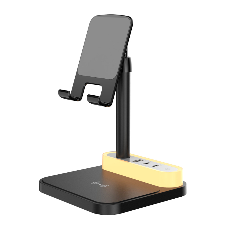 Încărcător wireless cu suport pentru telefon, 15W încărcare rapidă, lampă LED de veghe, încărcător desktop cu trei porturi