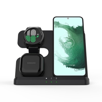 Asztali 3 az 1-ben vezeték nélküli töltőállvány telefonhoz, órához és fülhallgatóhoz – gyors töltés, max. 15W, tartomány 2.5–15W, QC3.0, 3A