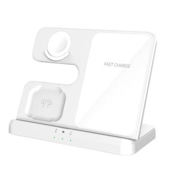 Asztali 3 az 1-ben vezeték nélküli töltőállvány telefonhoz, órához és fülhallgatóhoz – gyors töltés, max. 15W, tartomány 2.5–15W, QC3.0, 3A