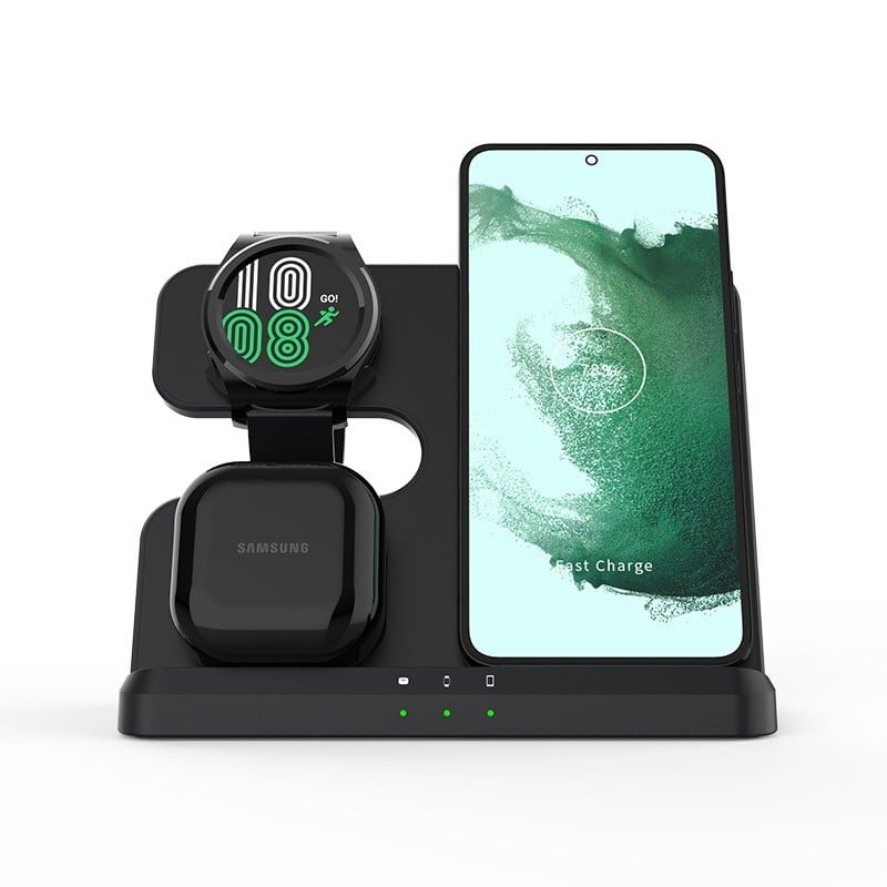Asztali 3 az 1-ben vezeték nélküli töltőállvány telefonhoz, órához és fülhallgatóhoz – gyors töltés, max. 15W, tartomány 2.5–15W, QC3.0, 3A