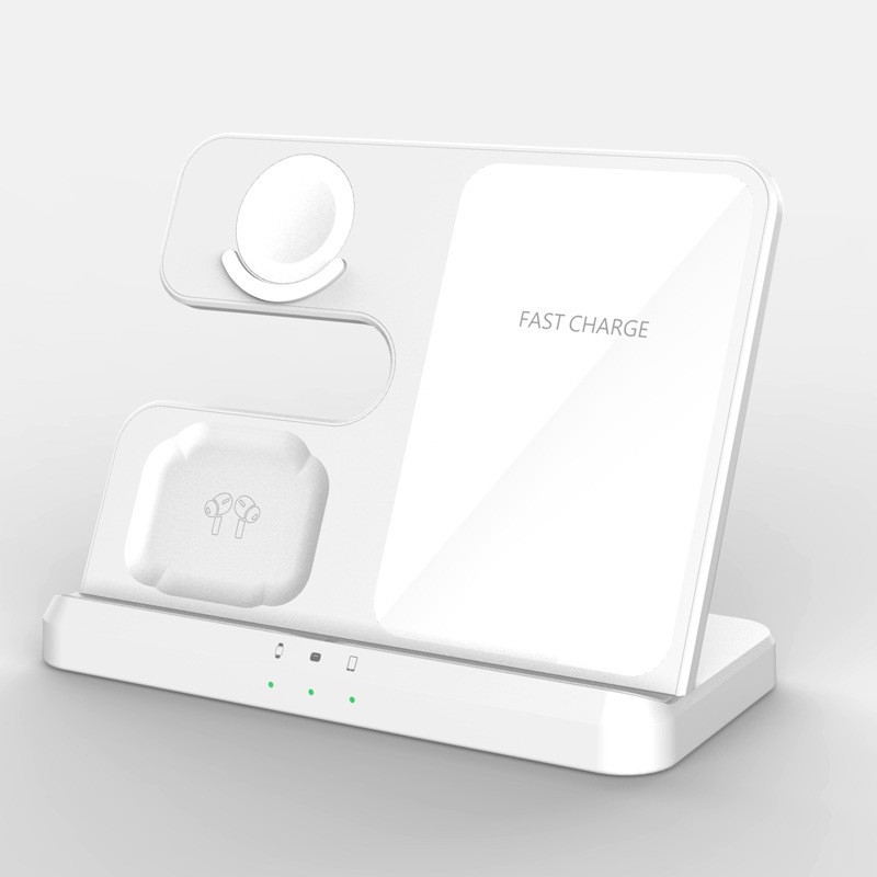 Asztali 3 az 1-ben vezeték nélküli töltőállvány telefonhoz, órához és fülhallgatóhoz – gyors töltés, max. 15W, tartomány 2.5–15W, QC3.0, 3A