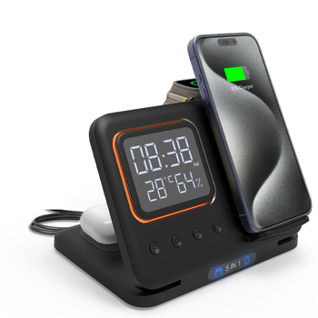 Încărcător wireless pliabil trei în unu pentru telefoane Apple și Huawei, căști și ceas — ieșire 15W, putere totală 18W, QC3.0 încărcare rapidă