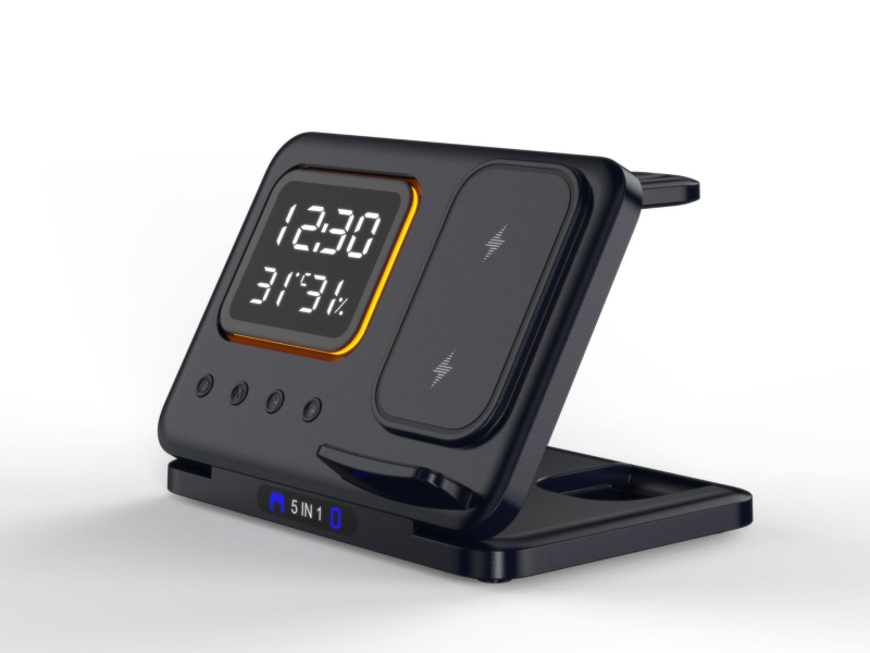 Încărcător wireless pliabil trei în unu pentru telefoane Apple și Huawei, căști și ceas — ieșire 15W, putere totală 18W, QC3.0 încărcare rapidă