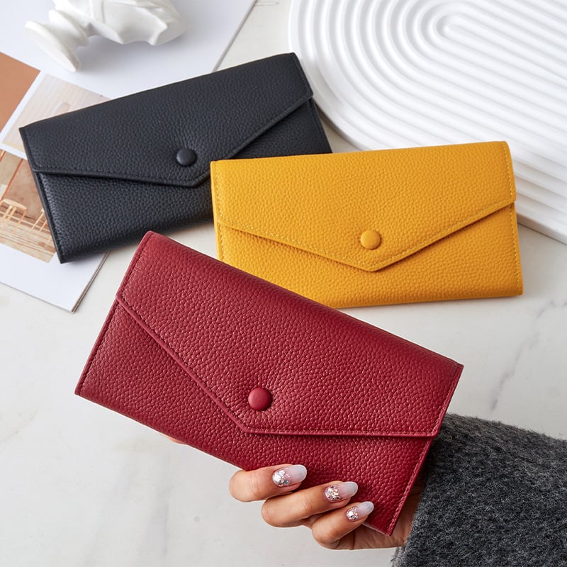 Első rétegű marhabőr pénztárca, hosszú boríték stílusú, többfunkciós kézitáska, bélés bőrrel, kopásálló