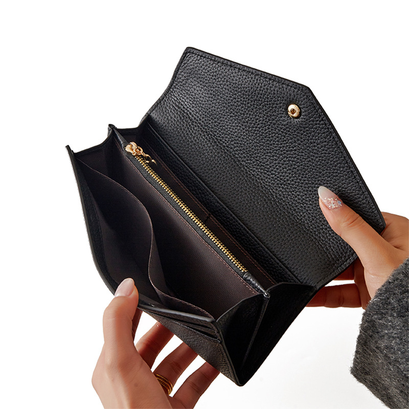 Első rétegű marhabőr pénztárca, hosszú boríték stílusú, többfunkciós kézitáska, bélés bőrrel, kopásálló