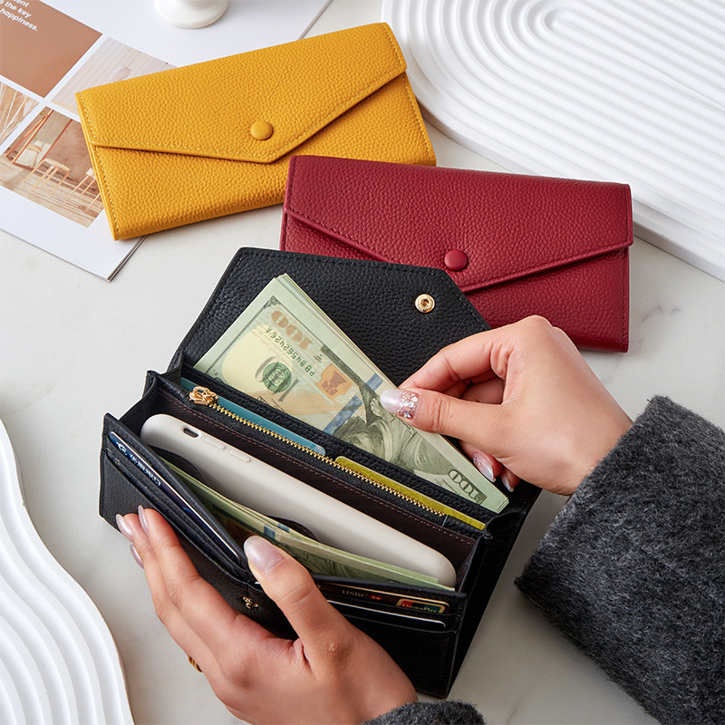 Első rétegű marhabőr pénztárca, hosszú boríték stílusú, többfunkciós kézitáska, bélés bőrrel, kopásálló