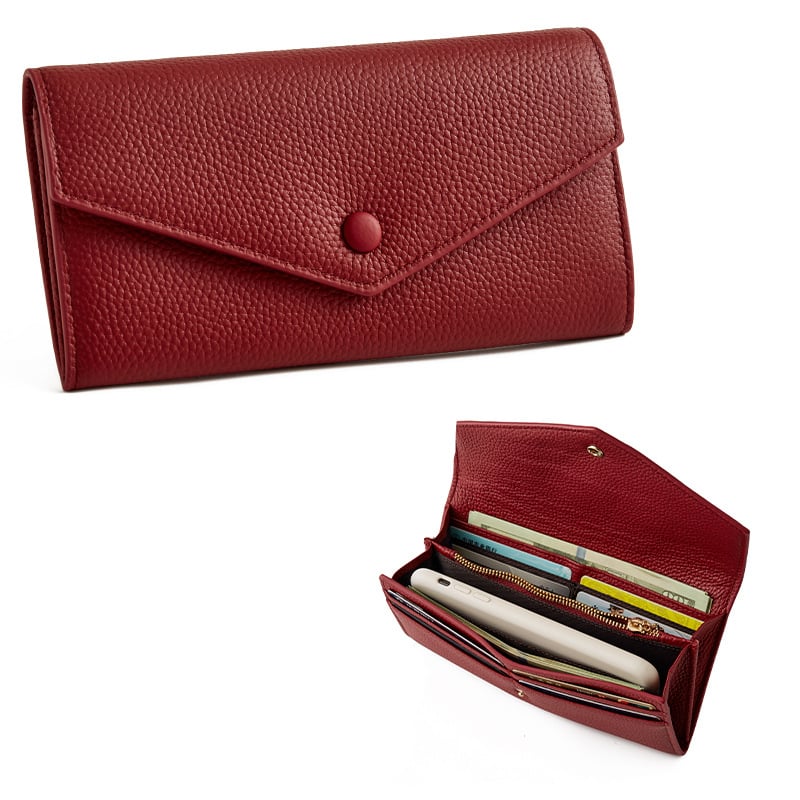 Első rétegű marhabőr pénztárca, hosszú boríték stílusú, többfunkciós kézitáska, bélés bőrrel, kopásálló