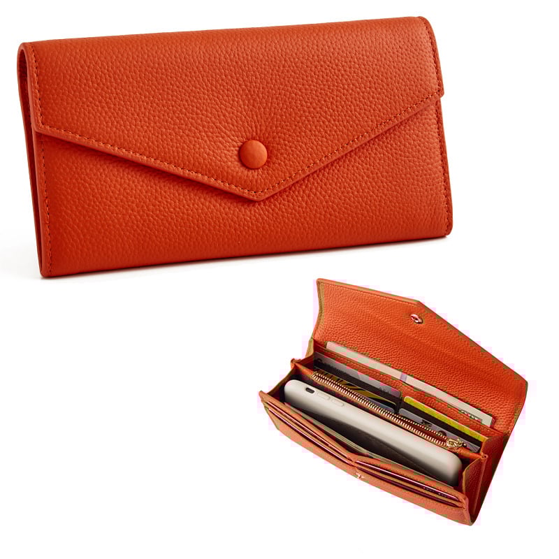 Első rétegű marhabőr pénztárca, hosszú boríték stílusú, többfunkciós kézitáska, bélés bőrrel, kopásálló