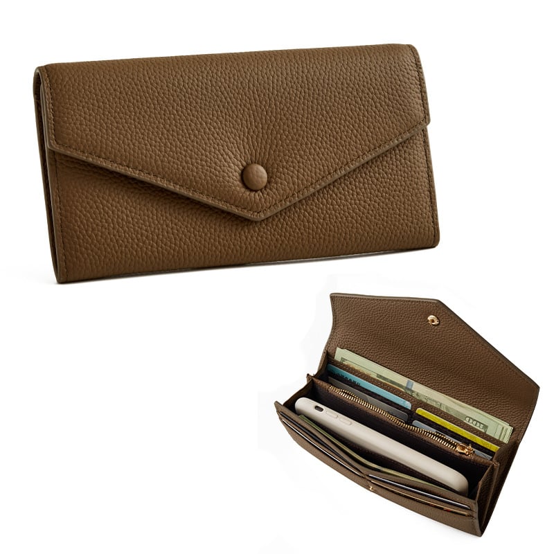 Első rétegű marhabőr pénztárca, hosszú boríték stílusú, többfunkciós kézitáska, bélés bőrrel, kopásálló