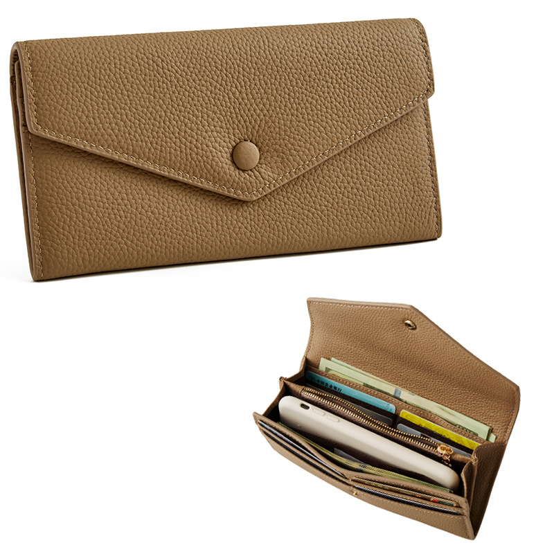 Első rétegű marhabőr pénztárca, hosszú boríték stílusú, többfunkciós kézitáska, bélés bőrrel, kopásálló