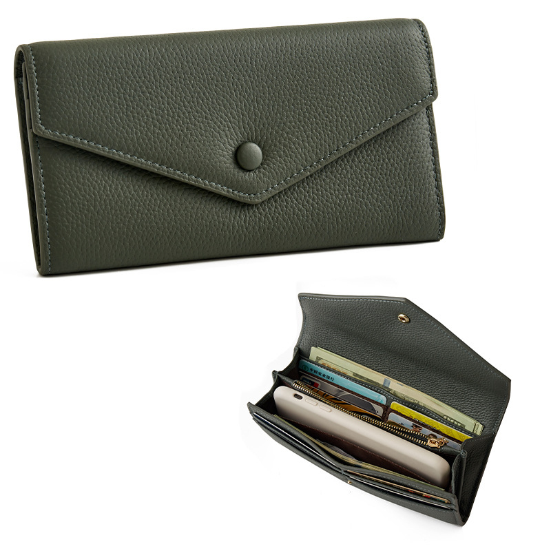 Első rétegű marhabőr pénztárca, hosszú boríték stílusú, többfunkciós kézitáska, bélés bőrrel, kopásálló