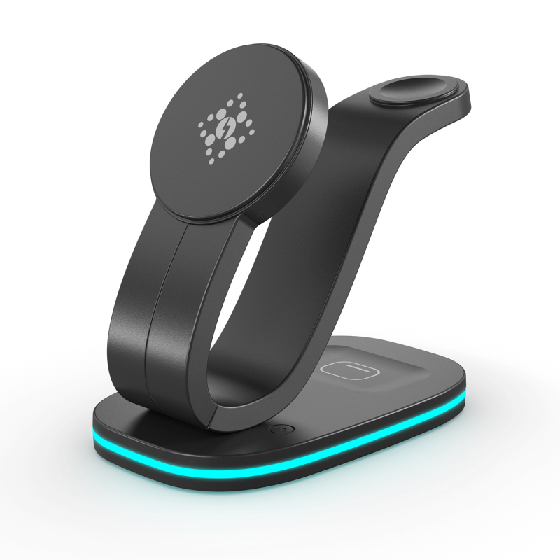 Încărcător wireless magnetic 3 în 1 pentru dispozitive Apple (iPhone, AirPods, Apple Watch) – încărcare rapidă 15W, 2A, QC3.0