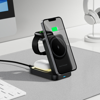 Sklopivi magnetni 3-u-1 bežični punjač s ambijentalnim svjetlom za Apple i Android, QC3.0 brzo punjenje — ukupna snaga 23W (telefon 15W, slušalice 5W, sat 3W)