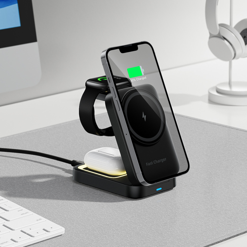 Sklopivi magnetni 3-u-1 bežični punjač s ambijentalnim svjetlom za Apple i Android, QC3.0 brzo punjenje — ukupna snaga 23W (telefon 15W, slušalice 5W, sat 3W)