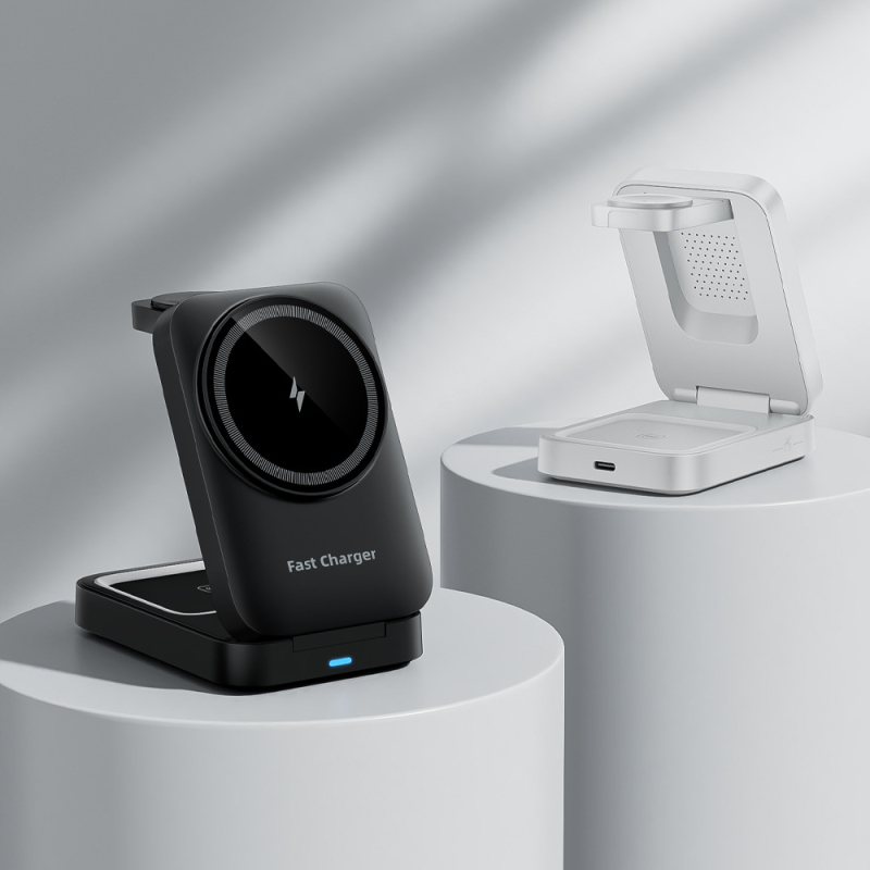 Sklopivi magnetni 3-u-1 bežični punjač s ambijentalnim svjetlom za Apple i Android, QC3.0 brzo punjenje — ukupna snaga 23W (telefon 15W, slušalice 5W, sat 3W)