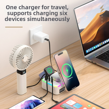 MagSafe-kompatibilný skladací bezdrôtový nabíjač s výsuvným káblom 80 cm, 1 USB-A port a 2 USB-C porty, PD rýchle nabíjanie, digitálny displej hodín