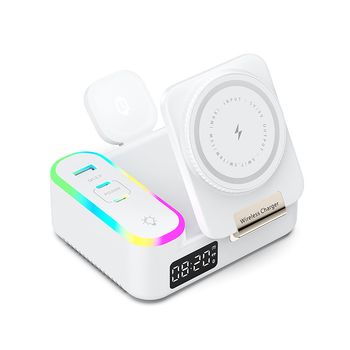 Încărcător wireless MagSafe pliabil, cablu retractabil 80 cm, 1 port USB-A și 2 USB-C, PD încărcare rapidă, afișaj ceas digital