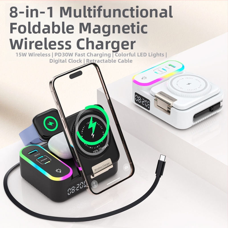 MagSafe-kompatibilný skladací bezdrôtový nabíjač s výsuvným káblom 80 cm, 1 USB-A port a 2 USB-C porty, PD rýchle nabíjanie, digitálny displej hodín