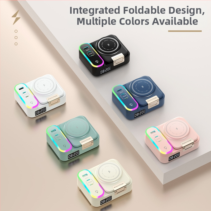 MagSafe-kompatibilný skladací bezdrôtový nabíjač s výsuvným káblom 80 cm, 1 USB-A port a 2 USB-C porty, PD rýchle nabíjanie, digitálny displej hodín