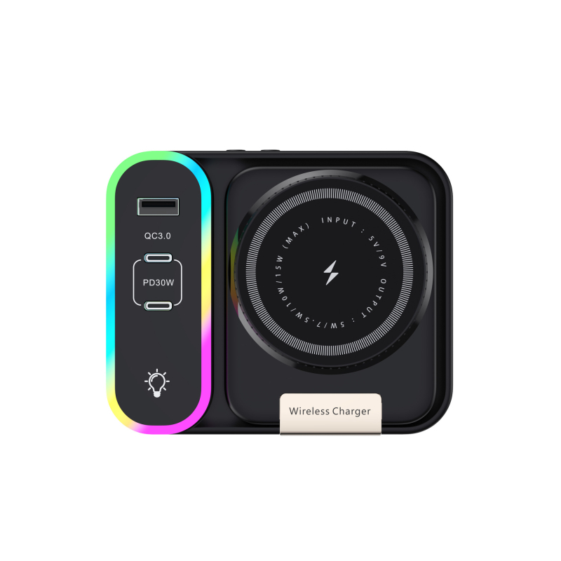 Încărcător wireless MagSafe pliabil, cablu retractabil 80 cm, 1 port USB-A și 2 USB-C, PD încărcare rapidă, afișaj ceas digital
