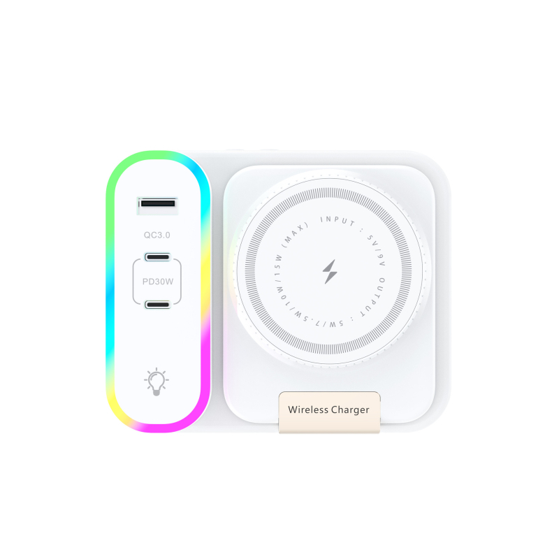 Încărcător wireless MagSafe pliabil, cablu retractabil 80 cm, 1 port USB-A și 2 USB-C, PD încărcare rapidă, afișaj ceas digital