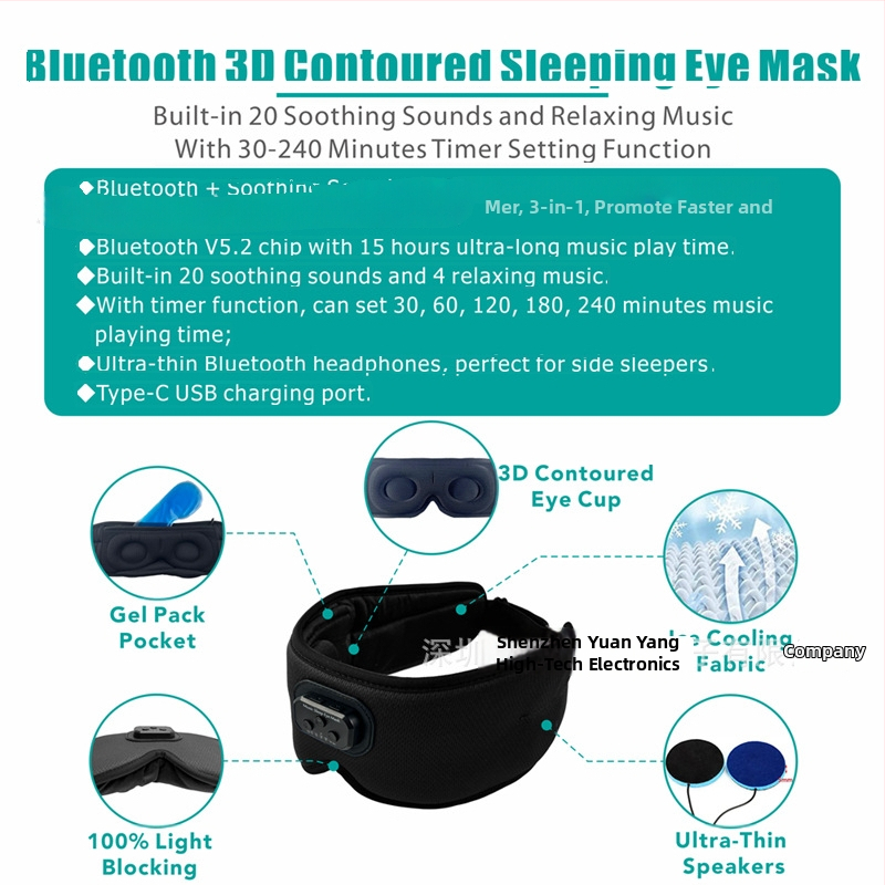 Mască de somn Bluetooth cu sunete albe încorporate și temporizator, Bluetooth 5.2, rază de 20 m, stereo bilateral, autonomie peste 8 ore