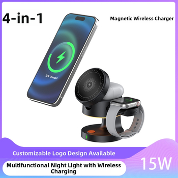 Bezdrôtová nabíjačka s nočnou lampou pre inteligentné hodinky a Bluetooth slúchadlá, Qi 3.0, výstup 15W, magnetické nabíjanie, skladací