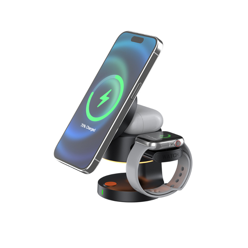 Bezdrôtová nabíjačka s nočnou lampou pre inteligentné hodinky a Bluetooth slúchadlá, Qi 3.0, výstup 15W, magnetické nabíjanie, skladací