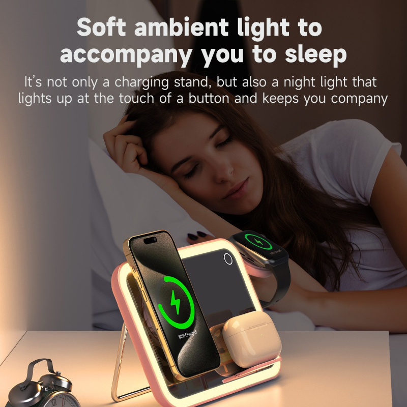 Ασύρματο φορτιστή 3 σε 1 με LED καθρέφτη μακιγιάζ και φως νύχτας — μαγνητική βάση MagSafe, φόρτιση PD, 7.5W εξόδου, αναδιπλούμενος σχεδιασμός