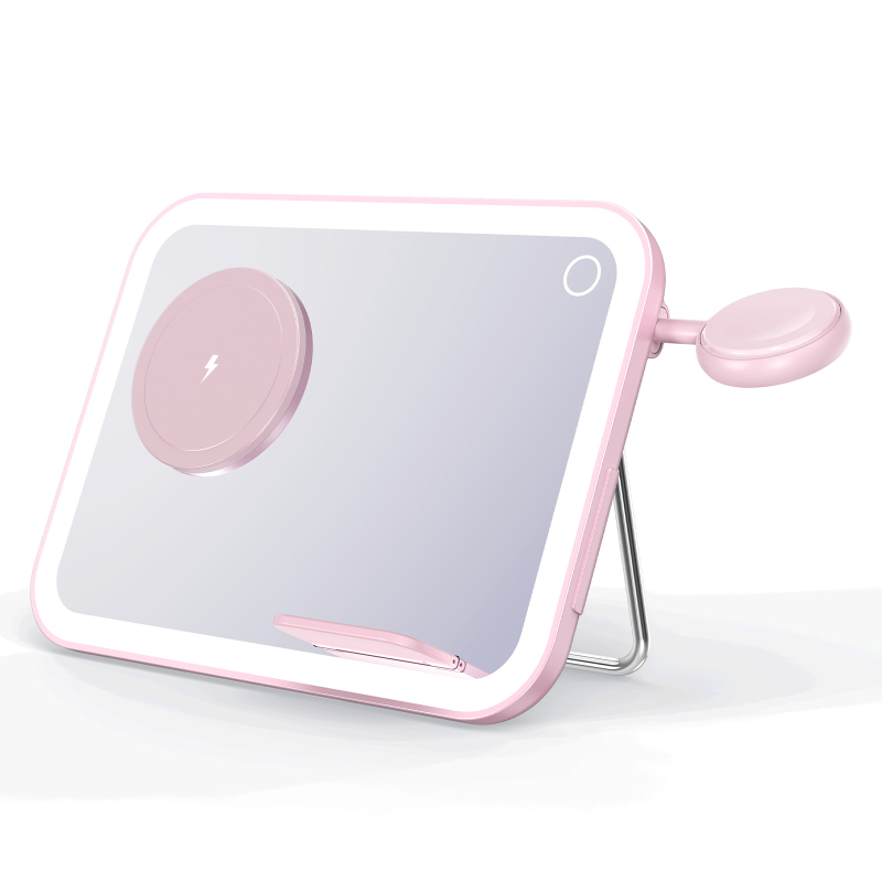 Ασύρματο φορτιστή 3 σε 1 με LED καθρέφτη μακιγιάζ και φως νύχτας — μαγνητική βάση MagSafe, φόρτιση PD, 7.5W εξόδου, αναδιπλούμενος σχεδιασμός