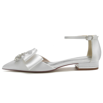 Γυναικείες νυφικές γόβες 2025 με μυτερό δάχτυλο, σατέν επάνω, χαμηλό τακούνι, λουράκι με κρύσταλλα και αγκράφα