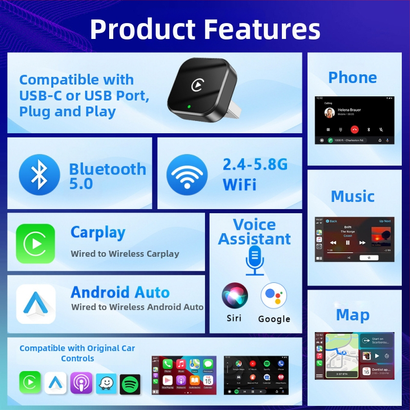 Ασύρματος μετατροπέας CarPlay για αυτοκίνητα με ενσωματωμένο CarPlay ή Android Auto — μετατρέπει το ενσύρματο CarPlay σε ασύρματο, USB διεπαφή, Linux OS, μοντέλο V9-plus