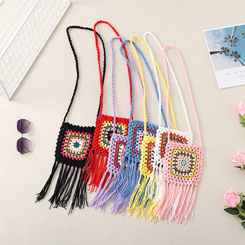 Geantă croșetată manual din fir de bumbac, cu modele geometrice și etnice, geantă pentru telefon crossbody, formă vertical pătrată, fără căptușeală